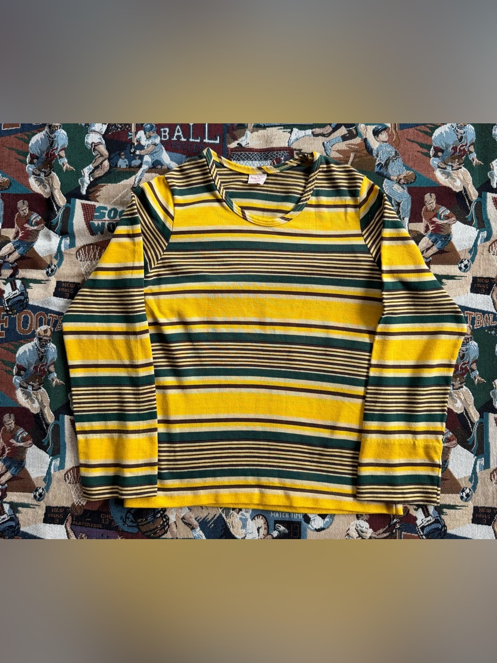 Vintage Women’s 70s Yellow & Green Horizontal Striped Long Sleeve Shirt